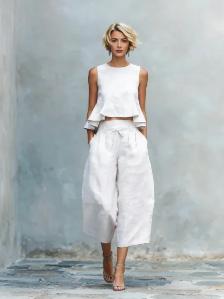 Design Linen Peplum Crop Top and Wide-Leg Culottes Set White - 1