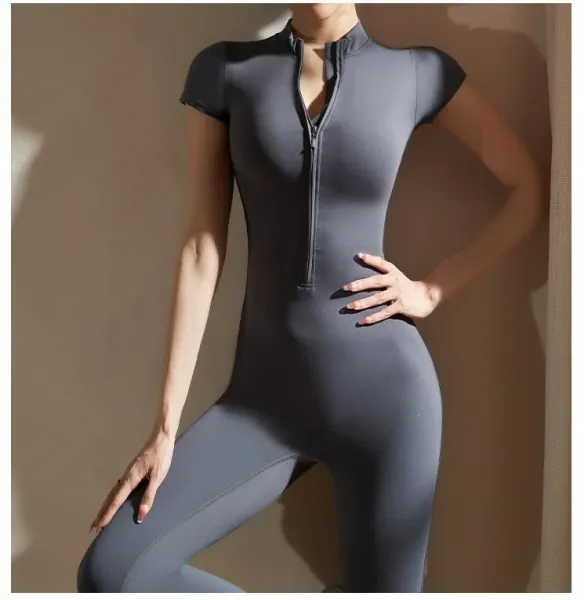Design Zip-Front High-Neck Bodysuit Gray Activewear - 30