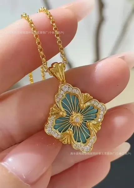 Design Floral Enamel Pendant Necklace in Gold with Turquoise and Cubic Zirconia Jewelry - 1
