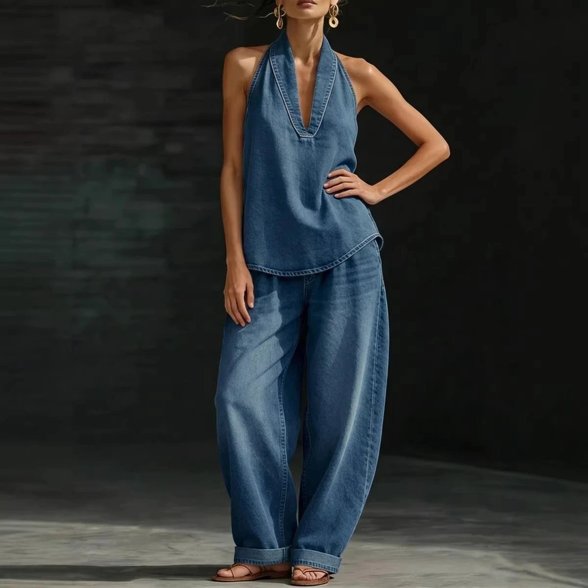 Halter-neck top and matching loose-fitting jeans