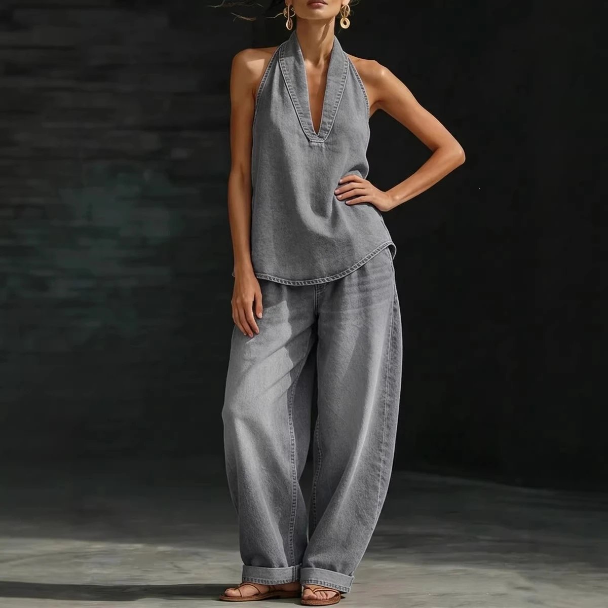 Denim Halter Top And Wide Leg Pants Set Blue Casual