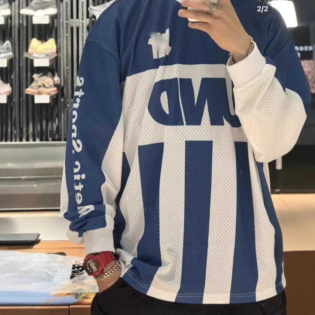 Sporting Goods Mesh Long Sleeve Motocross Jersey Blue White and Olive Black Striped