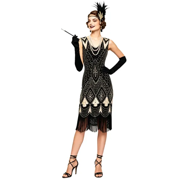 Design Flapper Dress Black Beaded Fringe Dress - 6