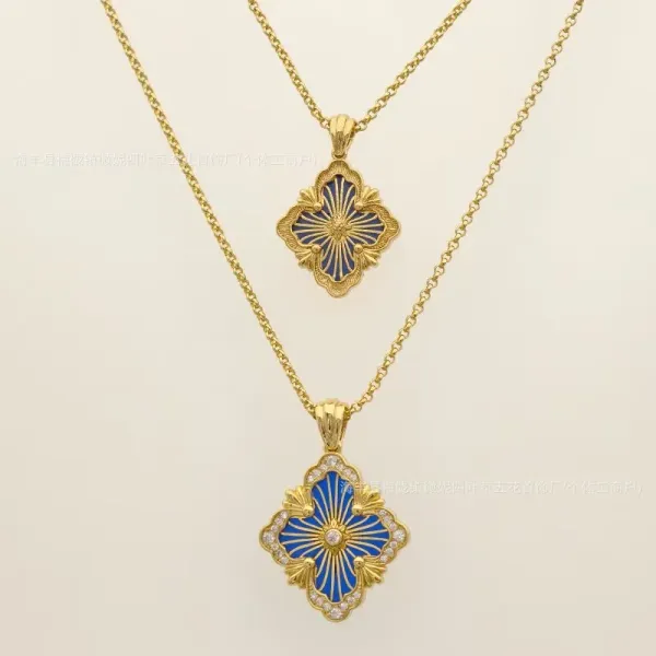 Design Four-Leaf Clover Enamel Pendant Necklace in Gold and Blue Jewelry - 1