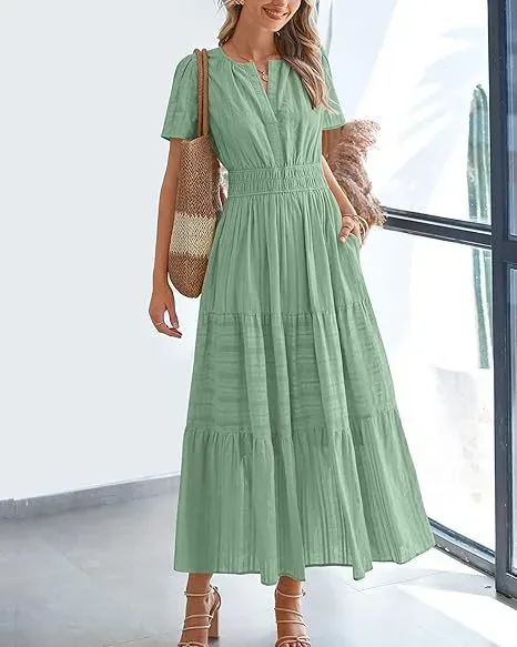 Design Tiered Smocked Waist Mint Green Maxi Dress - 1