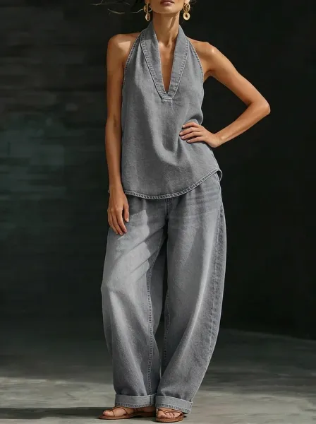 Design Halter Neck Denim Top and Wide-Leg Jeans Set Gray - 1