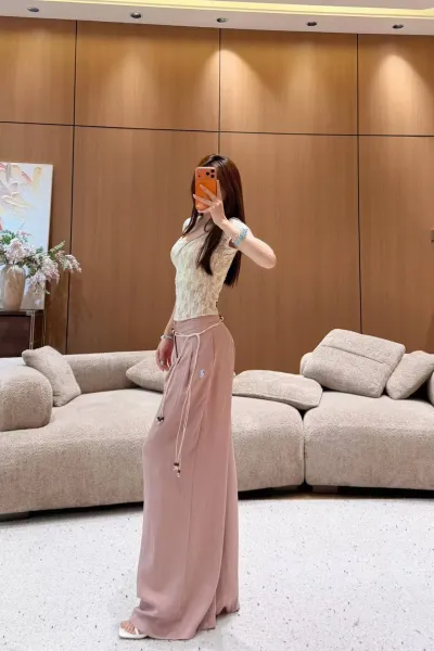 Design Wide-Leg Linen Blend Trousers Dusty Pink Pants - 8