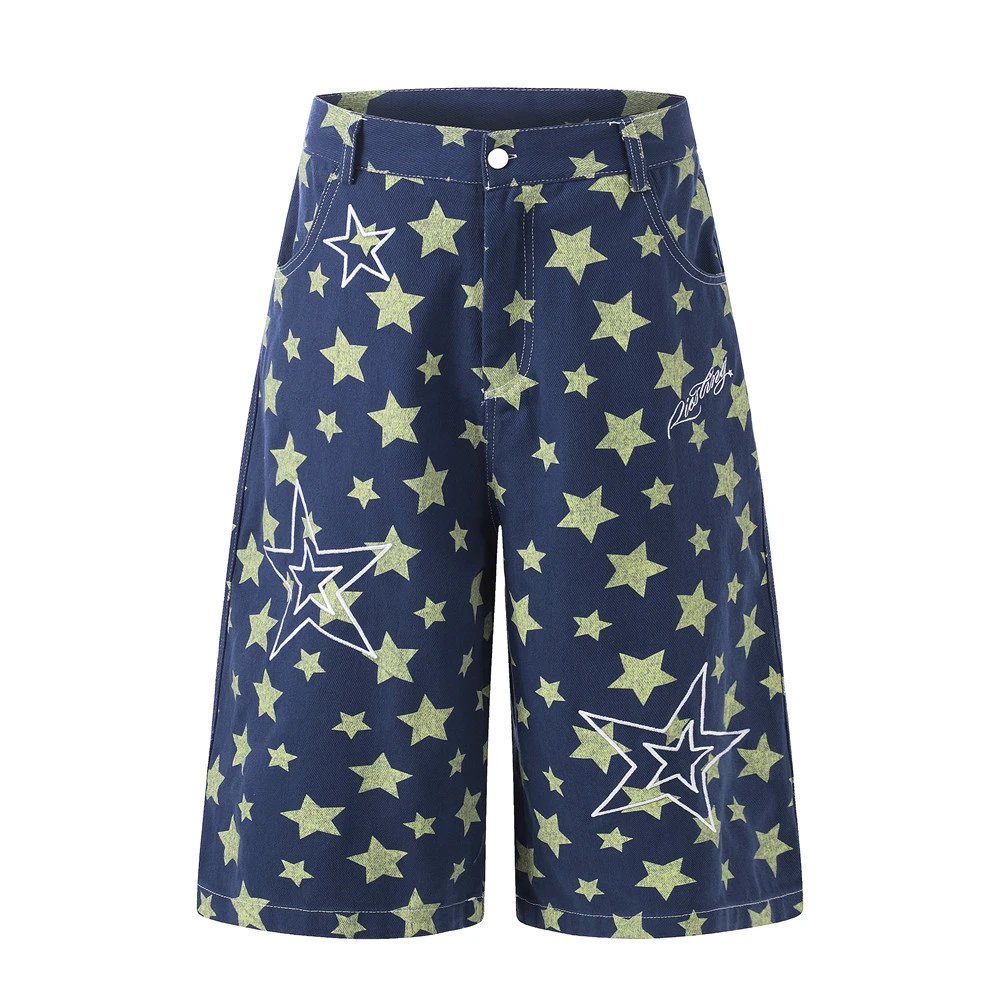 Design Star Print Denim Shorts Navy