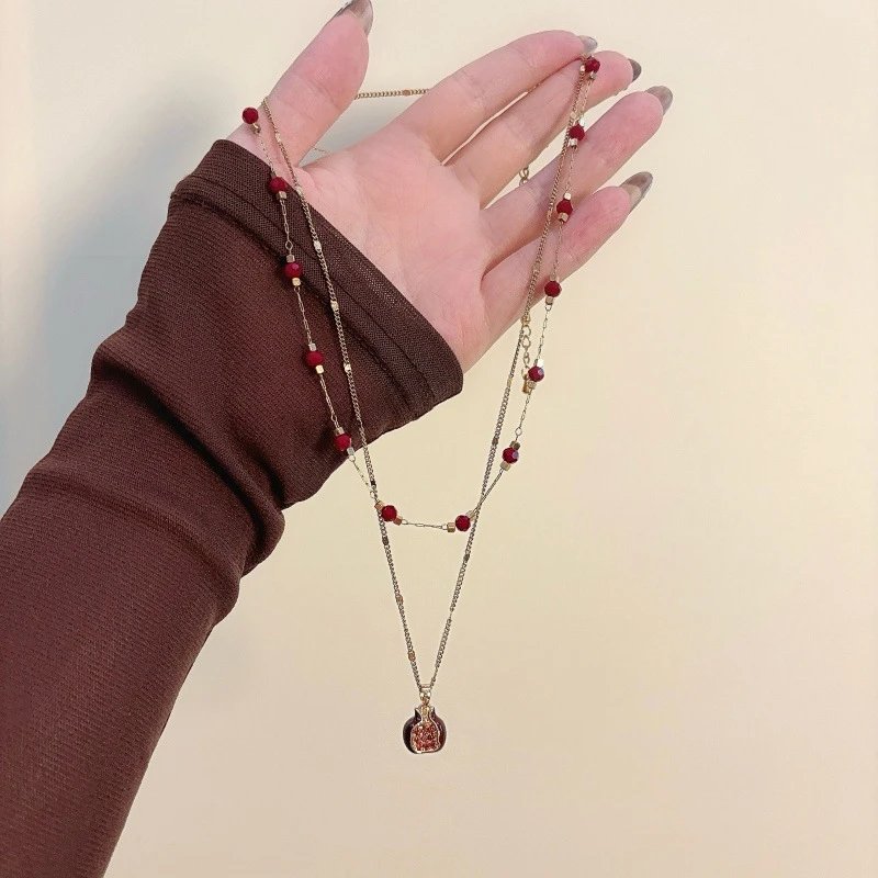 Layered Beaded Pendant Necklace Red Gold Jewelry
