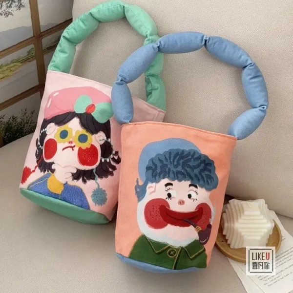 Design Cartoon Character Bucket Bag Blue Peach Multicolor - 32