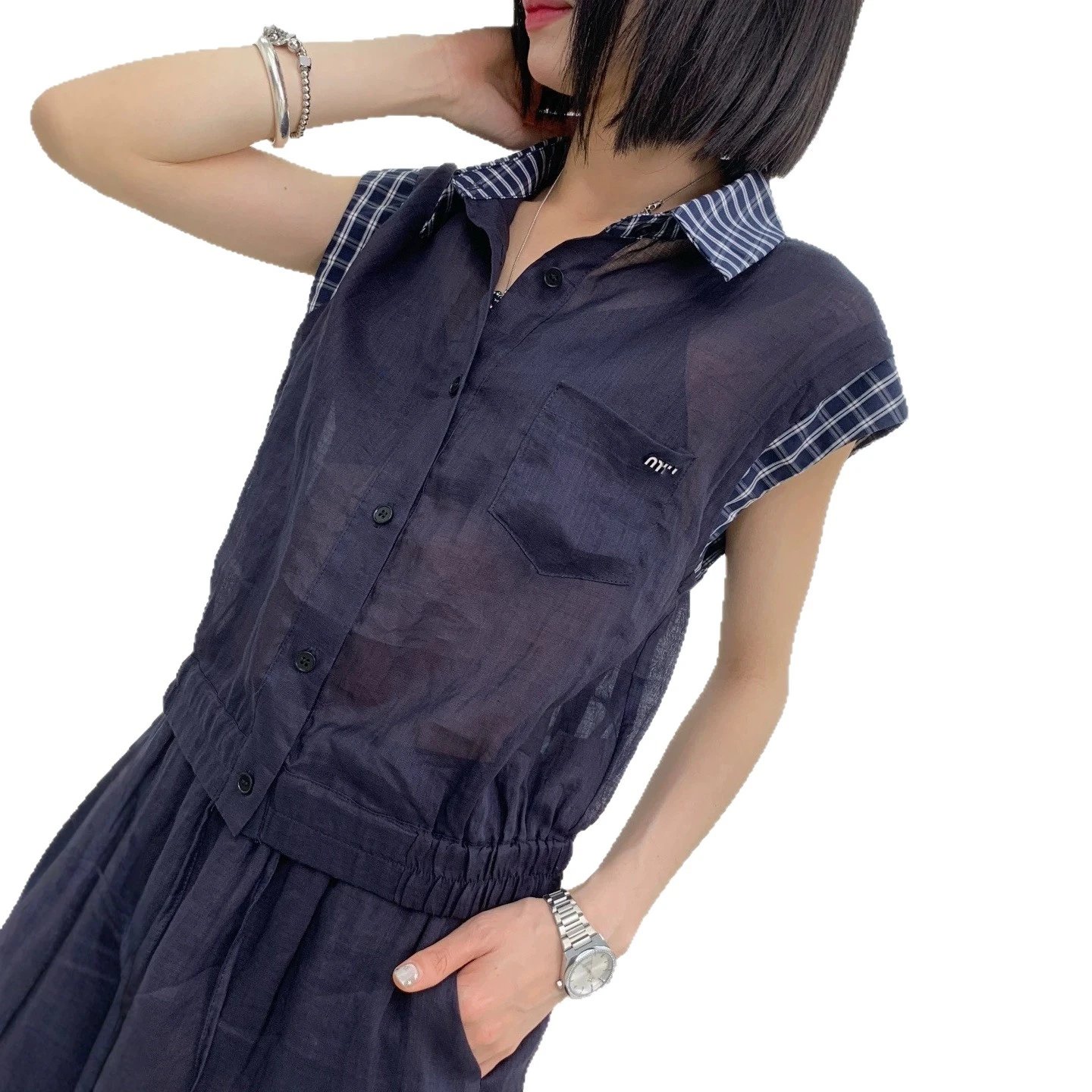 Navy Blue Sleeveless Shirt Dress with Plaid Collar and Hem