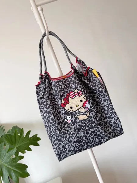 Hello Kitty Leopard Print Tote Bag with Embroidered Character and Charm - 17