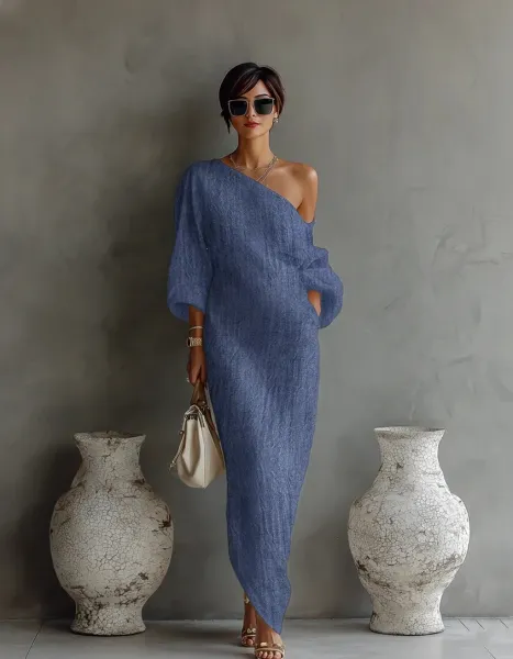 Design One-Shoulder Linen-Blend Maxi Dress Blue - 7