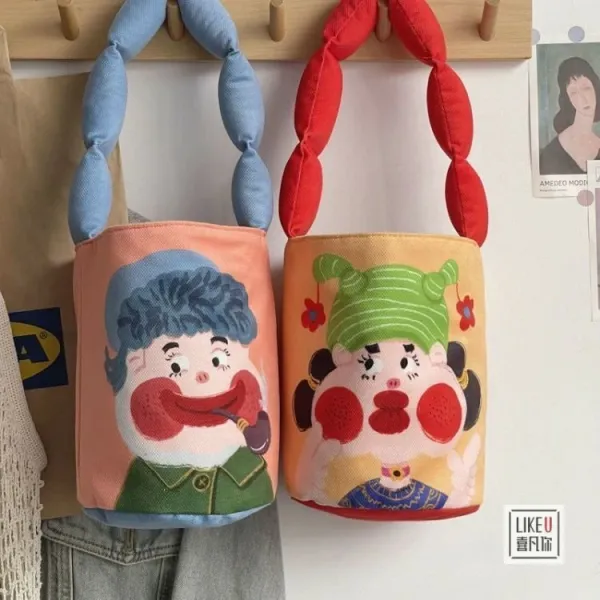Design Cartoon Character Bucket Bag Blue Peach Multicolor - 45