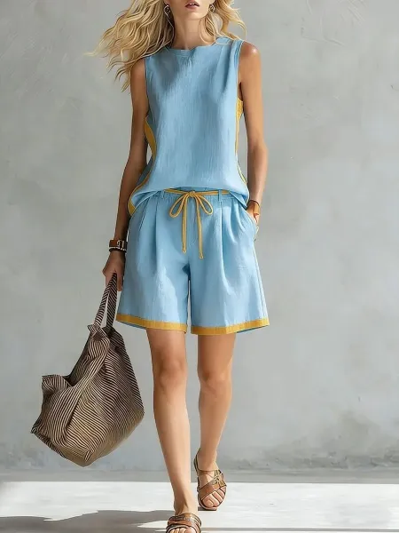 Design Two-Tone Green and Yellow Sleeveless Top and Shorts Set - 9