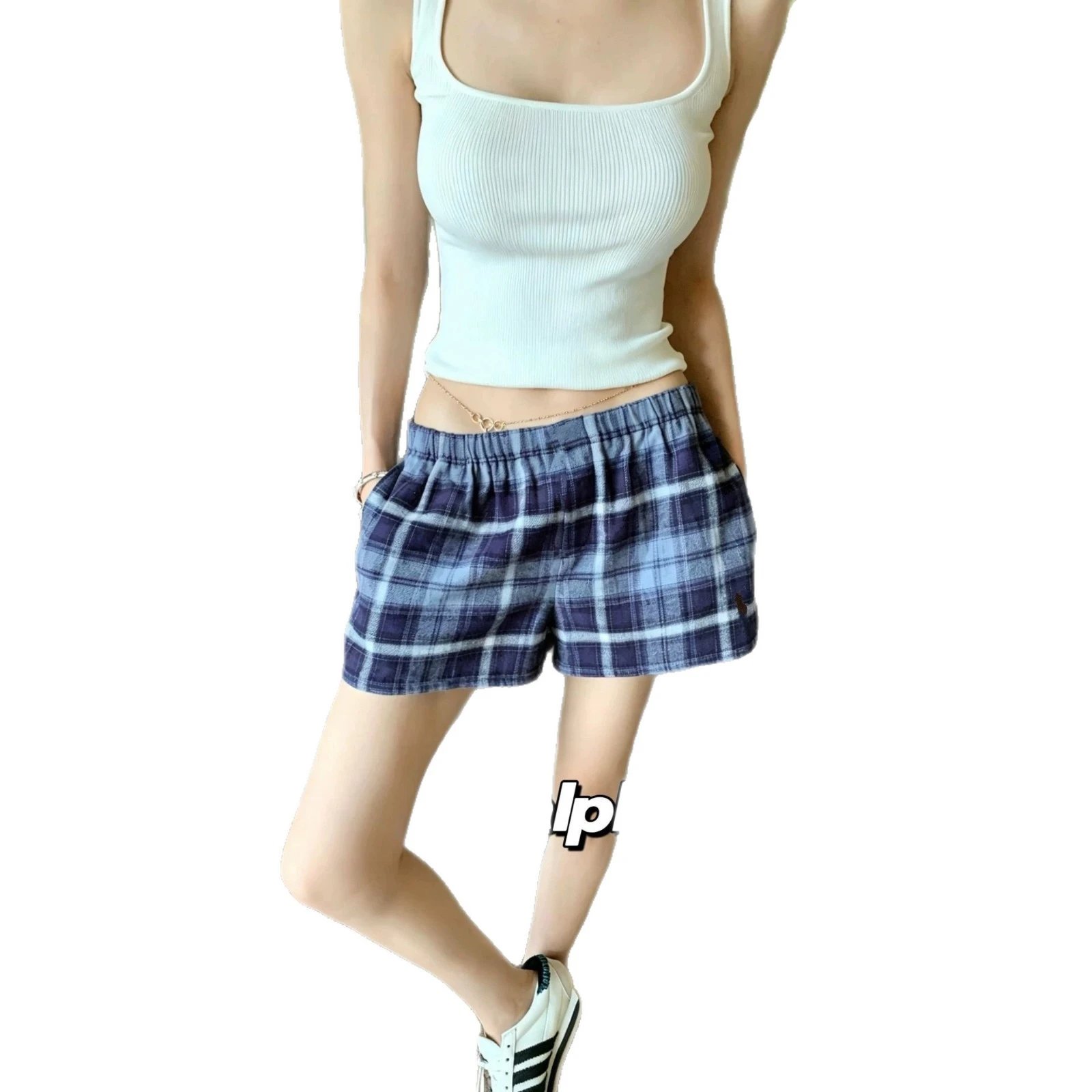 Plaid Shorts Navy Blue Gray Checkered Casual Short