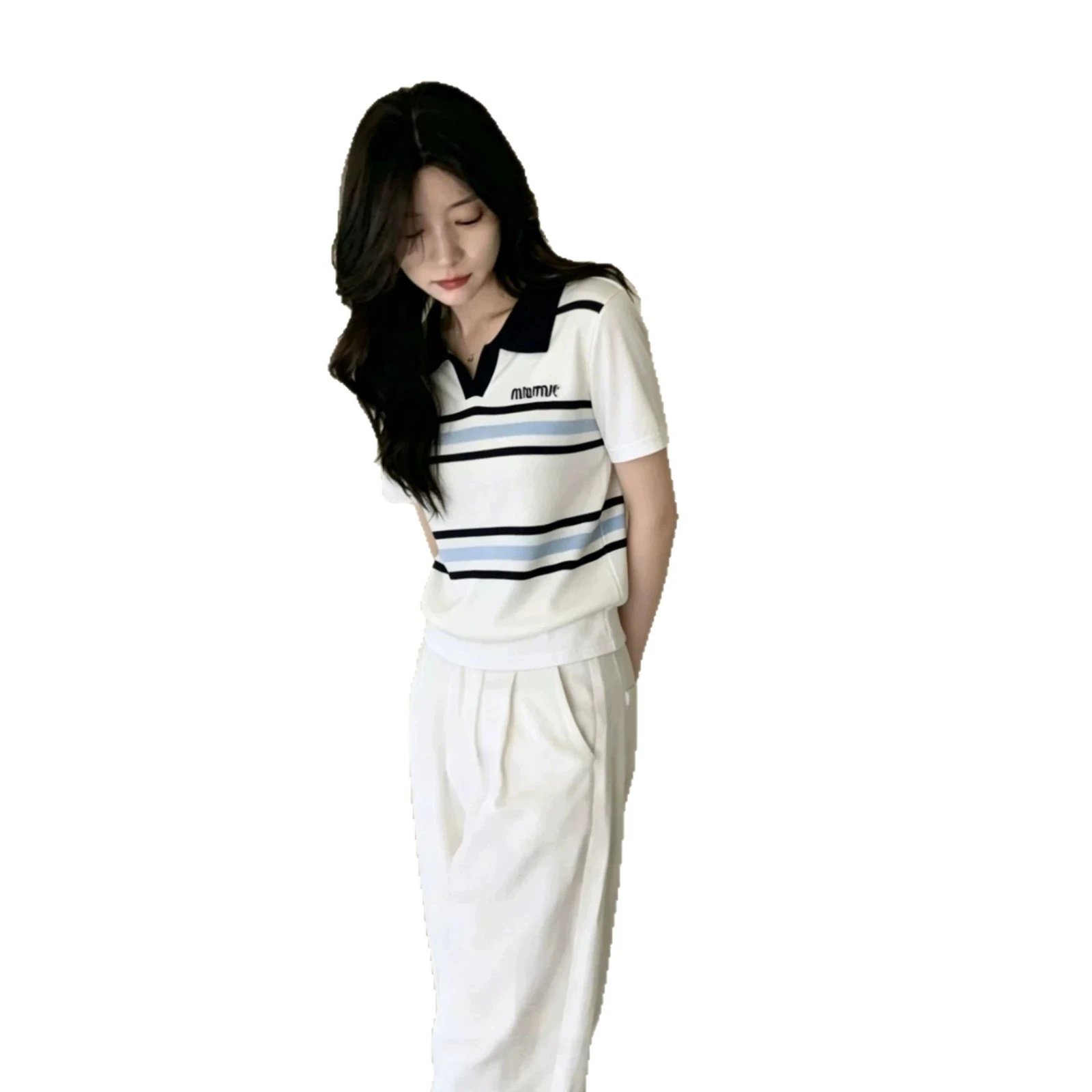 Miu Miu Knit Polo White Navy Blue Striped Preppy Top