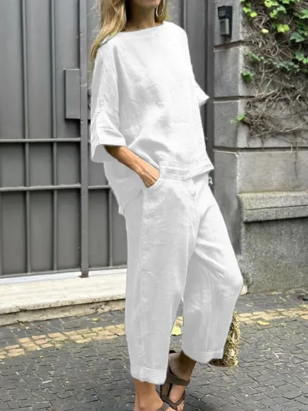 Design Loose Linen Set Gray Casual Top and Cropped Pants - 8