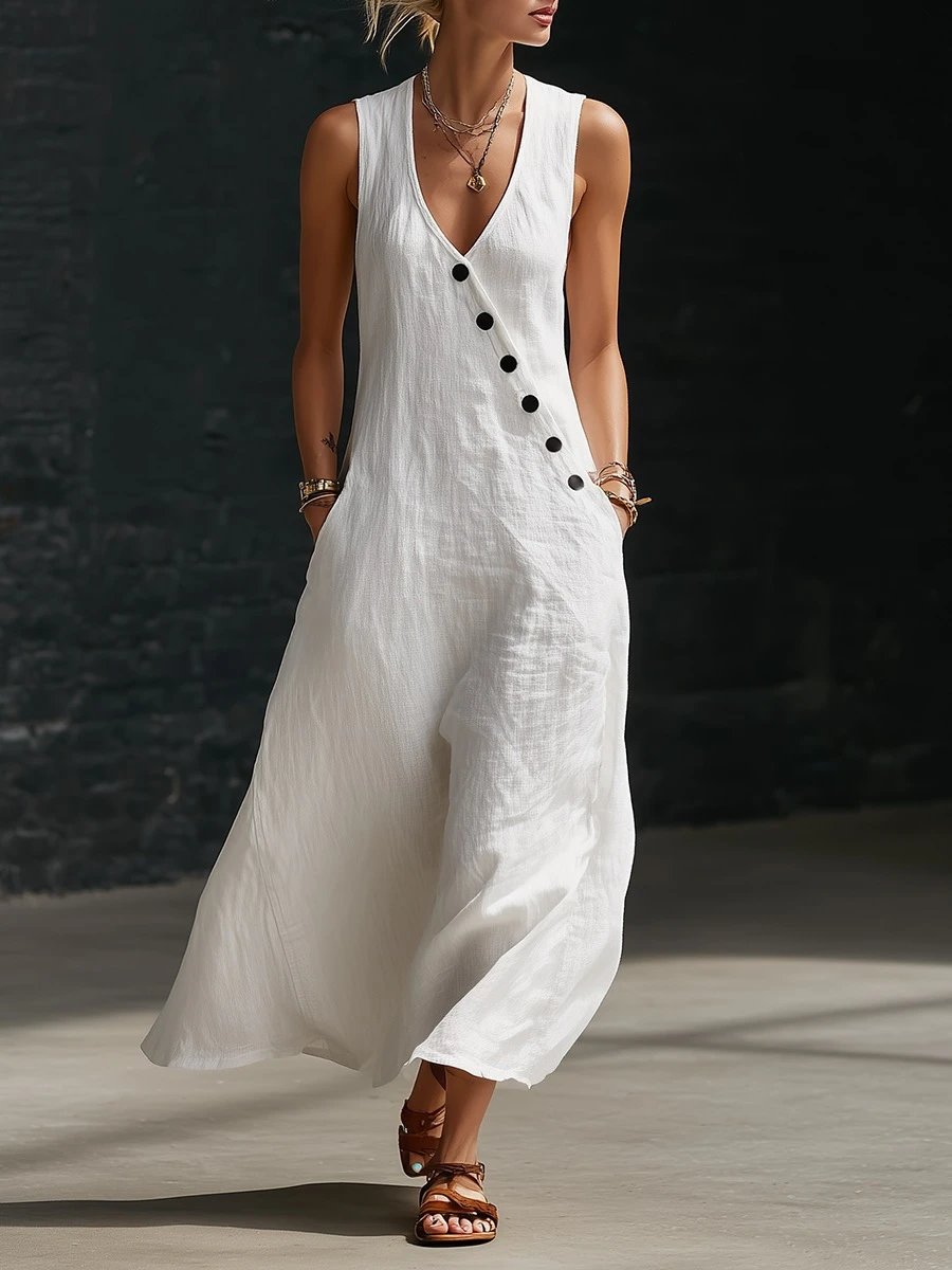 Design Sleeveless V-Neck Button-Front Linen Maxi Dress Lime Green - 8