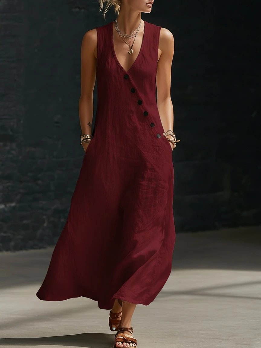 Design Sleeveless V-Neck Button-Front Linen Maxi Dress Lime Green - 11