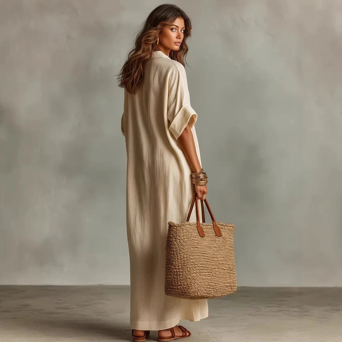 Linen Kaftan Dress Cream Embroidered Bohemian Maxi