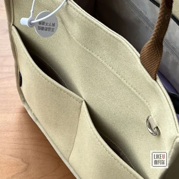 Design Canvas Tote Bag Beige with Brown Straps Handbag - 20