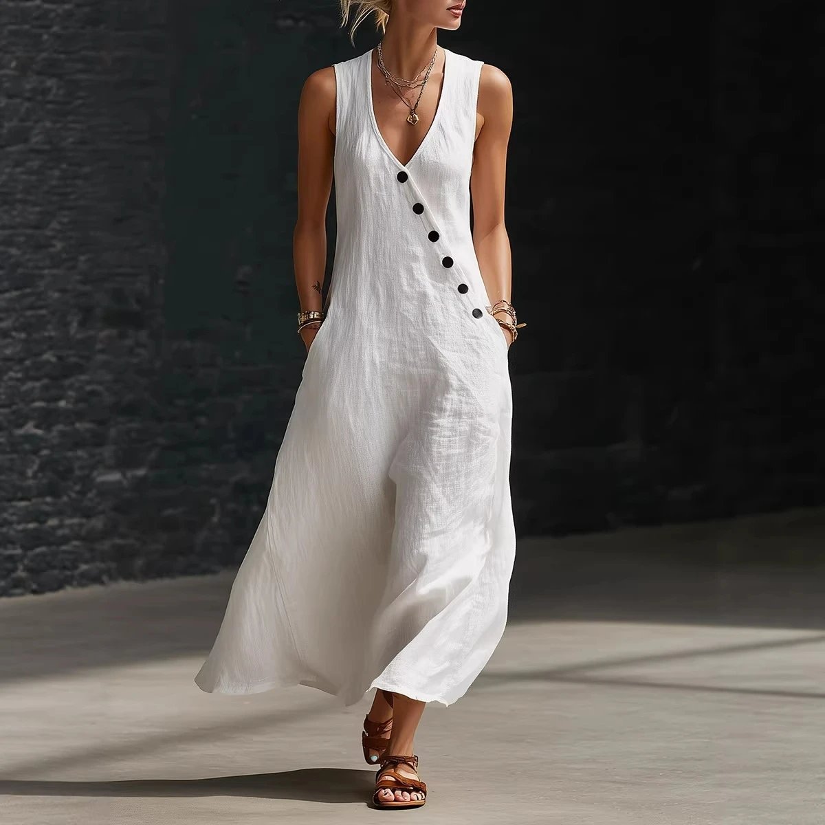Design Sleeveless V-Neck Button-Front Linen Maxi Dress Lime Green - 14