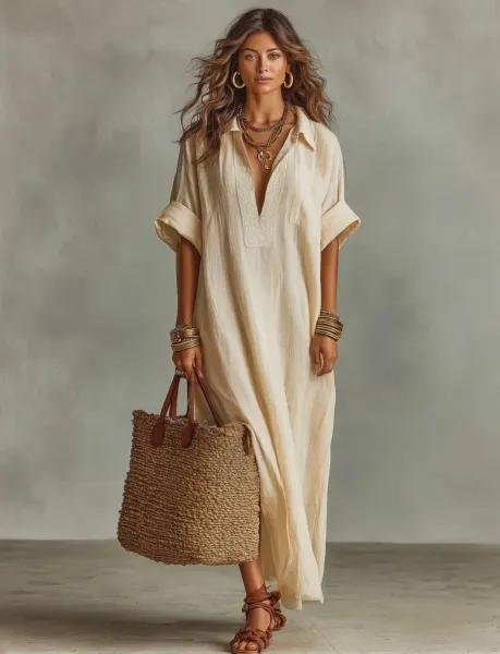 Design Caftan-Style Linen Dress Beige Shirt-Dress - 3