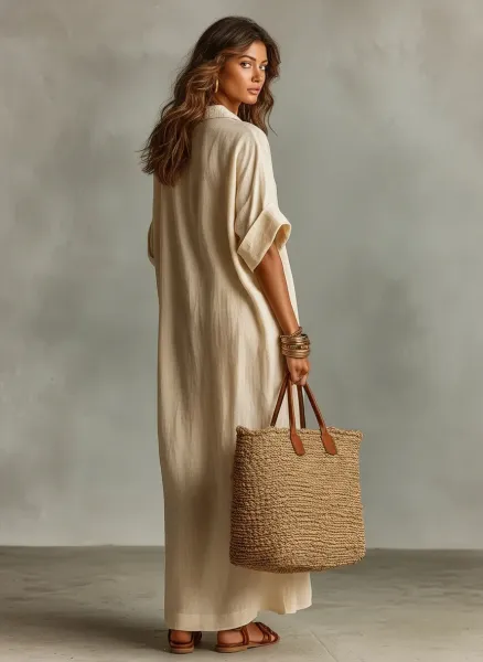 Design Caftan-Style Linen Dress Beige Shirt-Dress - 4