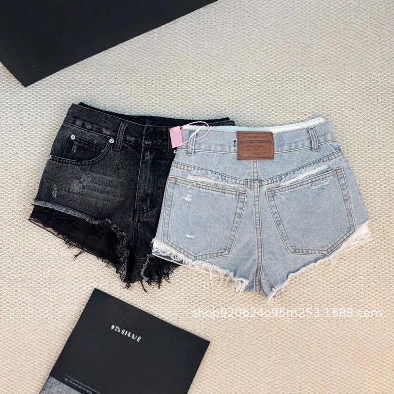 Denim Shorts Black Light Blue Distressed High-Waisted Frayed Hem