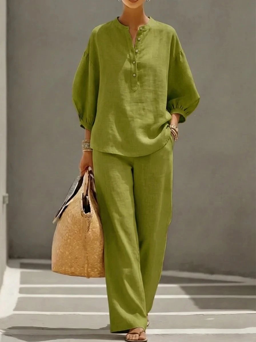 Linen Blend Relaxed Fit Button-Front Top and Wide-Leg Pants