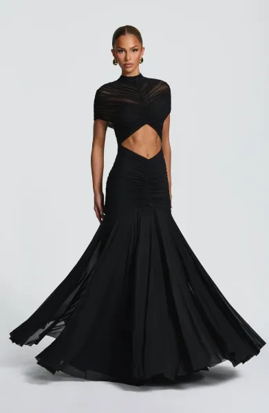 Design Ruched Sheer Cut-Out Gown Black Formal Dress - 5