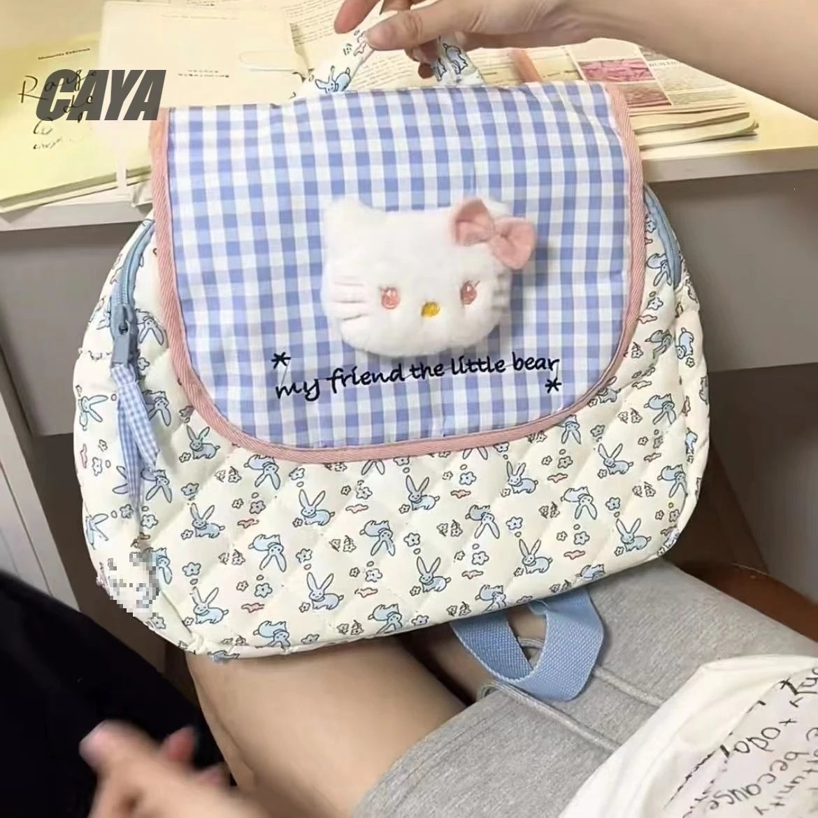 Hello Kitty Mini Backpack with Gingham Patch and Rabbit Print - 3