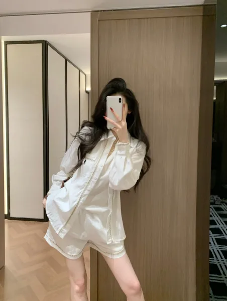 Design Pearl-Trimmed Oversized Shirt and Shorts Set White - 7