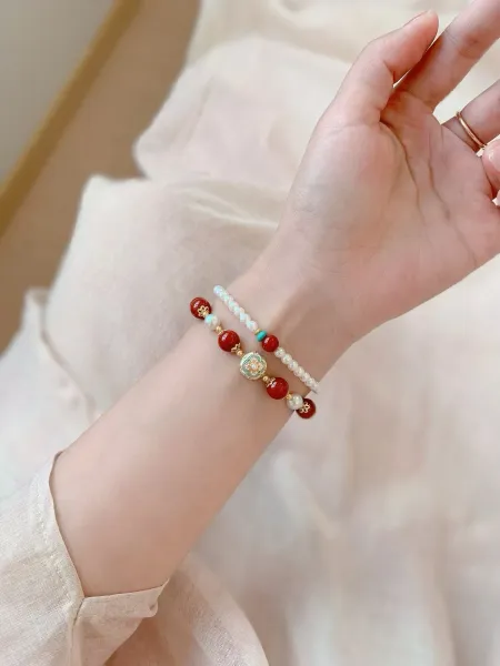 Design Pearl Bead Bracelet with Red and Turquoise Accents Bracelet Jewelry - 13