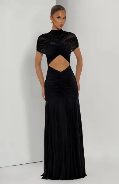 Design Ruched Sheer Cut-Out Gown Black Formal Dress - 8