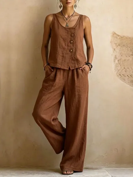 Design Linen Button-Front Tank Top and Wide-Leg Pants Set Beige - 5