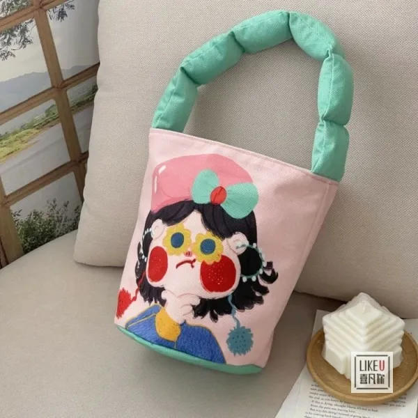 Design Cartoon Character Bucket Bag Blue Peach Multicolor - 33
