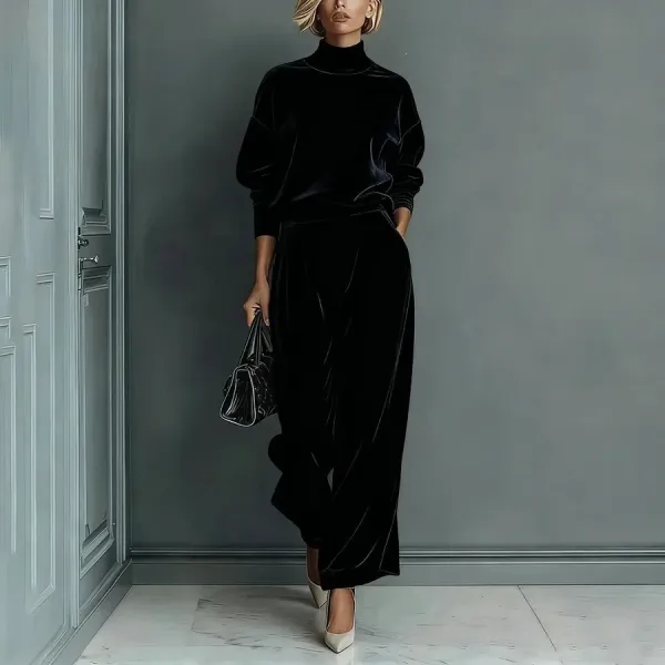 Design Velvet Turtleneck Top and Wide-Leg Pants Set Red Sets - 7