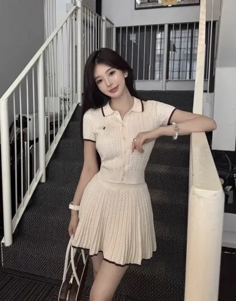 Chanel Knit Polo Set Beige Cable-Knit Two-Piece Skirt Set - 1