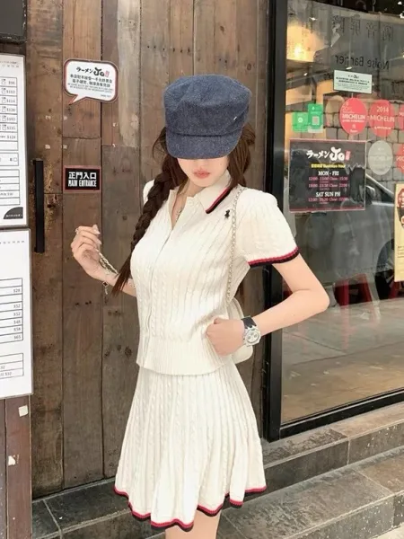 Chanel Knit Polo Set Beige Cable-Knit Two-Piece Skirt Set - 7