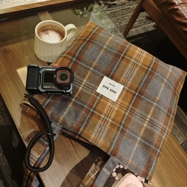 Design Miss Bag Plaid Wool-Blend Tote Bag Brown Multicolor Tote Bag - 5