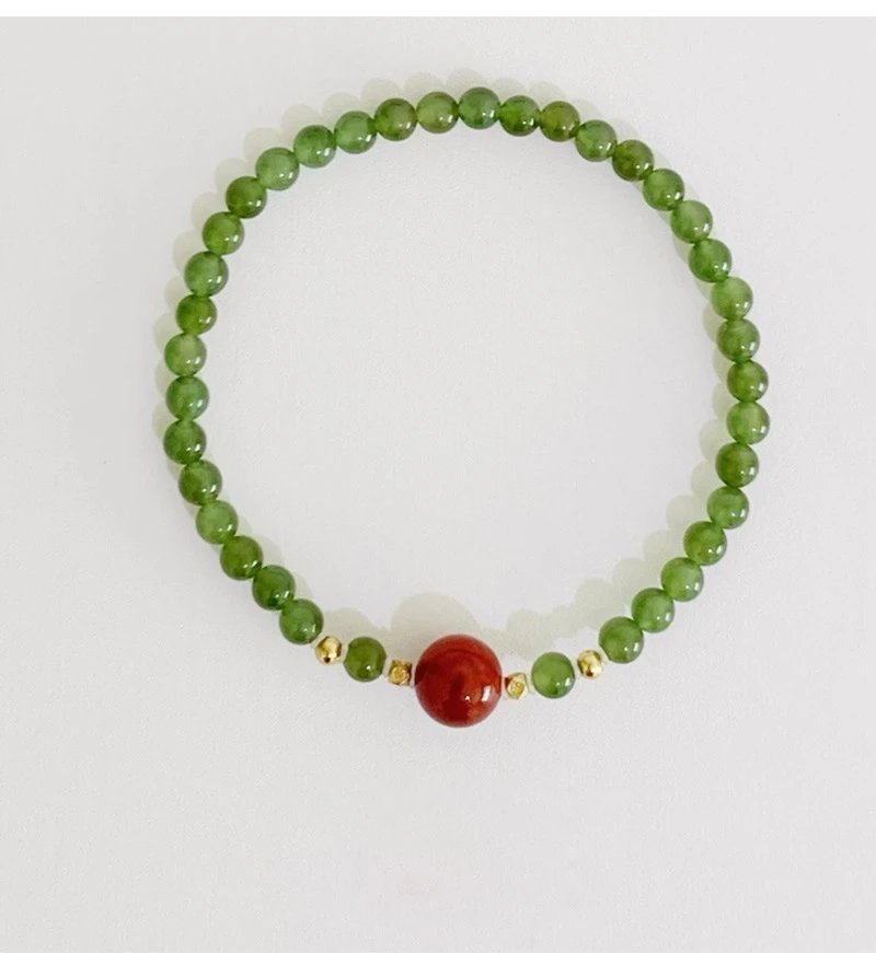 Design Green Jade Bead Bracelet with Red Agate Center Stone Jewelry - 7