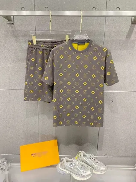 Louis Vuitton Monogram Print Gray T-Shirt and Shorts Set with Silver Chunky Sneakers - 1