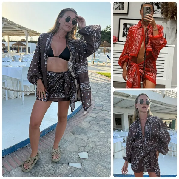 Design Bandana Print Wrap Shirt Dress Brown Dress - 2
