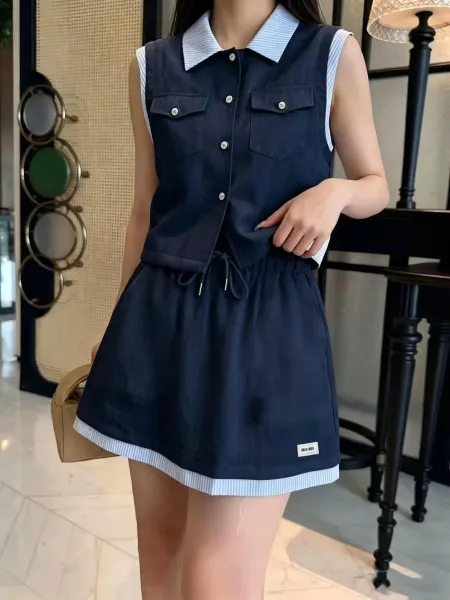 Design Sleeveless Collar Vest Set Navy with Striped Trim Skirt - 1