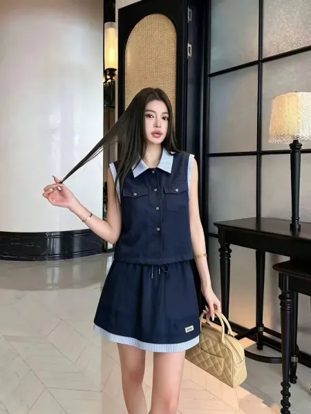 Design Sleeveless Collar Vest Set Navy with Striped Trim Skirt - 5