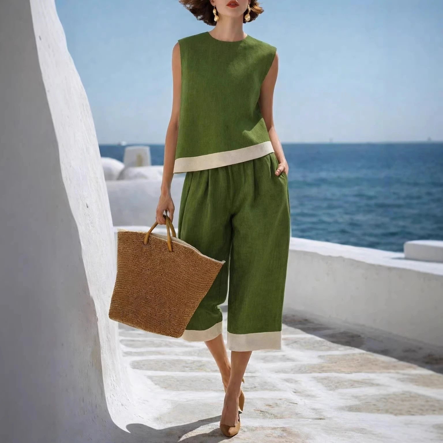 Black Sleeveless Top Beige Trim Wide Leg Culottes Set