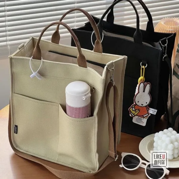 Design Canvas Tote Bag Beige with Brown Straps Handbag - 8