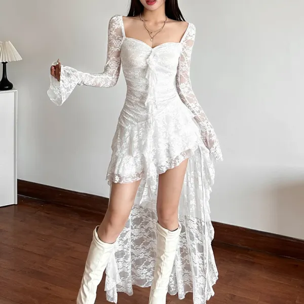 Design Lace Ruched Asymmetrical Maxi Dress White - 11